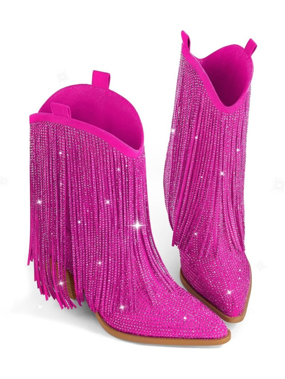 Women Pink Pull-On Cowgirl Rhinestone Sparkly Fringe Pointed Toe Heel Boot - Picture 6 of 6